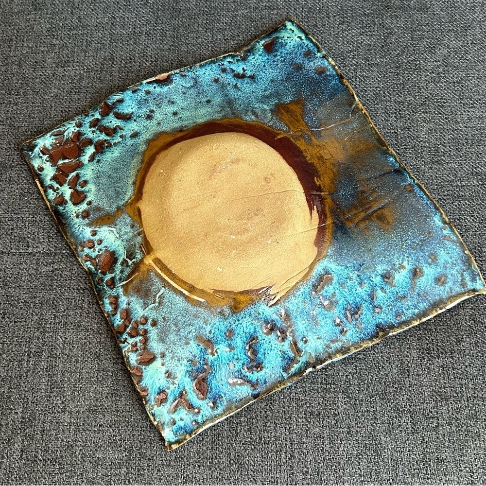 Handmade Abstract Candle Holder Trinket Dish Decor Art Deco Aqua Brown - Picture 5 of 8